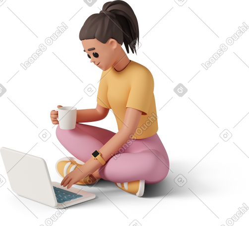 3D 有膝上型计算机和咖啡的女孩坐地板 PNG, SVG