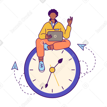 時計の上に座ってラップトップを持つ若い男 PNG、SVG