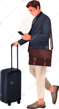 man with a suitcase is going somewhere, looking at his phone Illustration in PNG, SVG