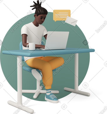 Young man using laptop for online work at table PNG, SVG