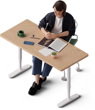 isometric view of young girl sitting at the table PNG, SVG