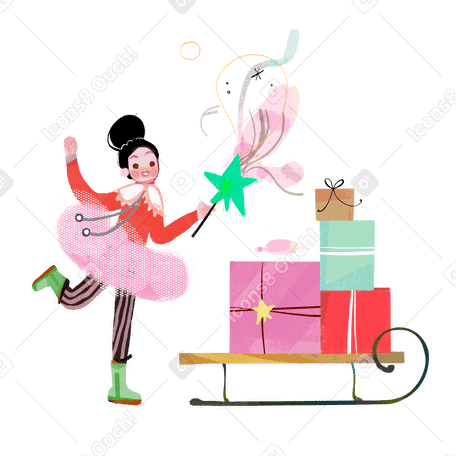 Mädchen mit zauberstab, schlitten und geschenken für den urlaub PNG, SVG