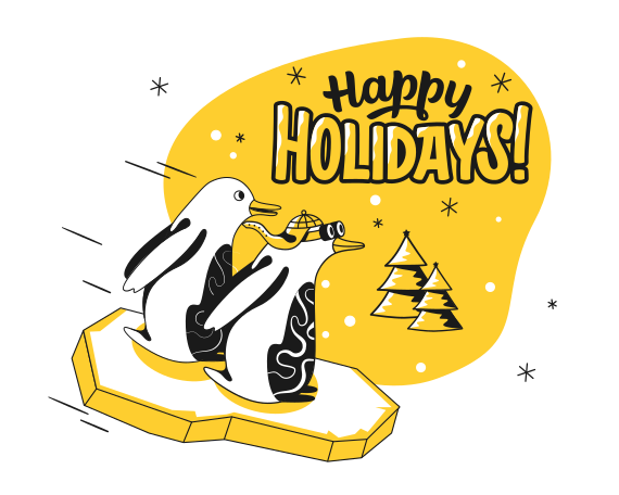 Happy Holidays text and two penguins riding on an ice floe Illustration in PNG, SVG