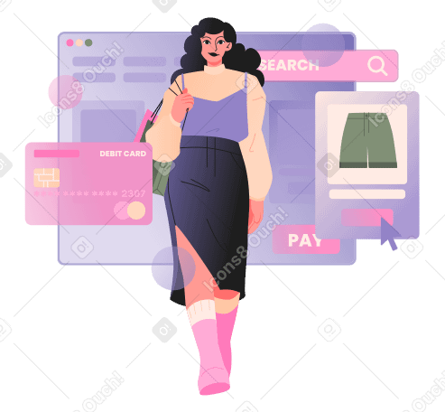 Young woman doing online shopping animated illustration in GIF, Lottie (JSON), AE
