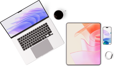 Вид сверху на планшет, смартфон, ноутбук и чашку чая в PNG, SVG