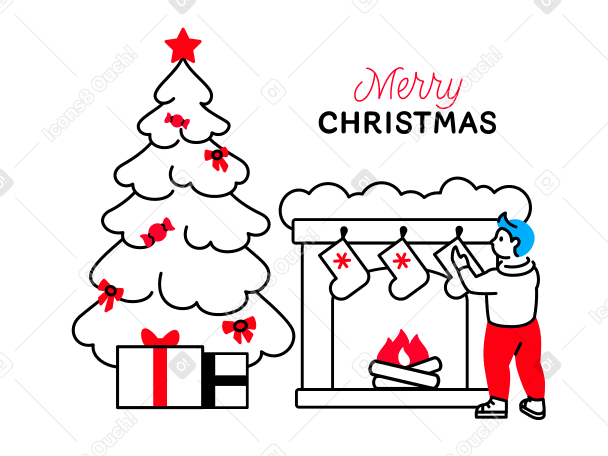 Merry christmas lettering and boy decorating fireplace with stockings PNG, SVG