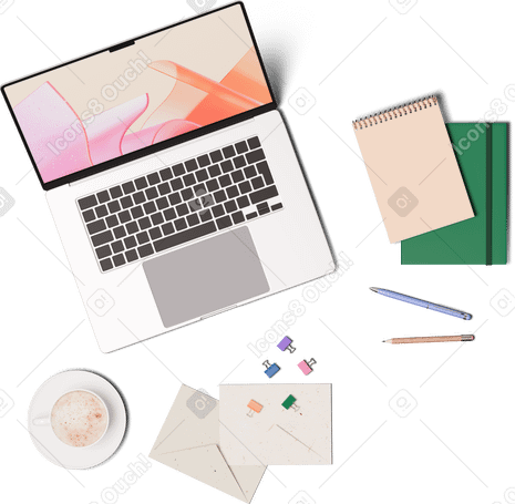 3D top view of laptop, cup of coffee, notebooks and letters PNG, SVG