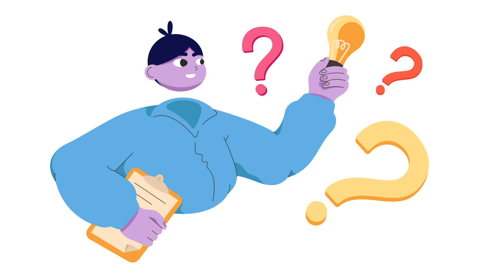 Boy with an idea bulb and questions Illustration in PNG, SVG