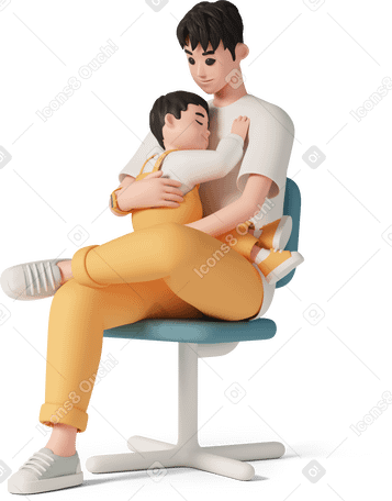 3D father hugging his baby while sitting on chair PNG, SVG