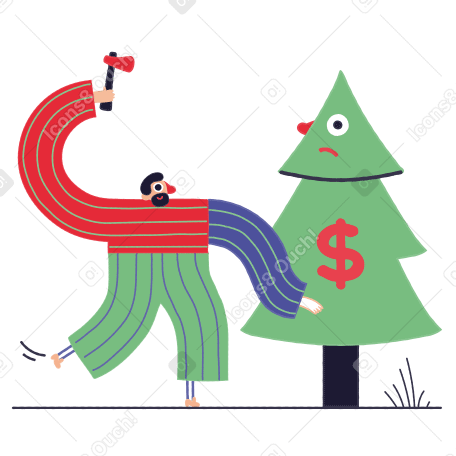 Illustration L'homme est sur le point d'abattre un arbre triste avec un signe dollar à vendre aux formats PNG, SVG