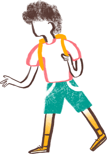 boy with curly hair walking with backpack PNG, SVG