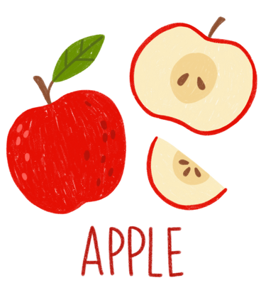 Manzana roja con hoja, media manzana, una rodaja de manzana y letras PNG, SVG
