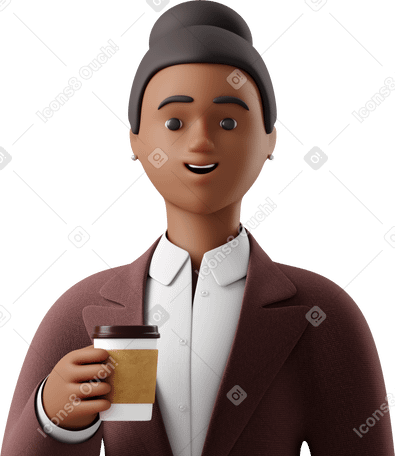 3D close up of black businesswoman in brown suit with paper coffee cup Illustration in PNG, SVG
