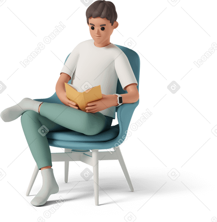 3D Boy sitting in armchair and reading book Illustration in PNG, SVG