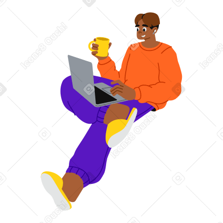 Guy with a cup of coffee and computer working from home PNG, SVG