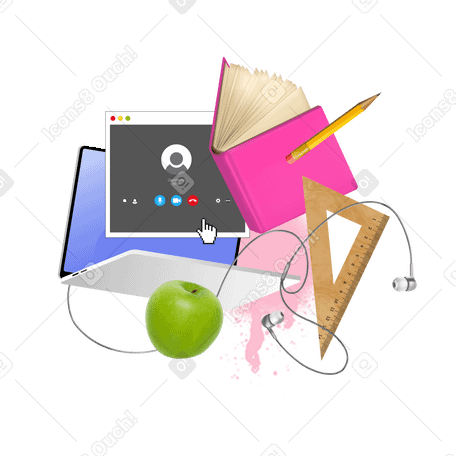 Laptop, schreibwaren, snack und kopfhörer für online-bildung PNG, SVG