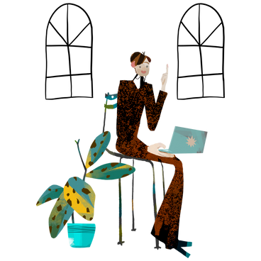 Woman sitting with laptop and plant PNG, SVG
