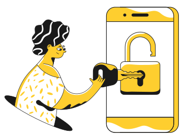 Frau öffnet ihr smartphone mit einem schlüssel PNG, SVG