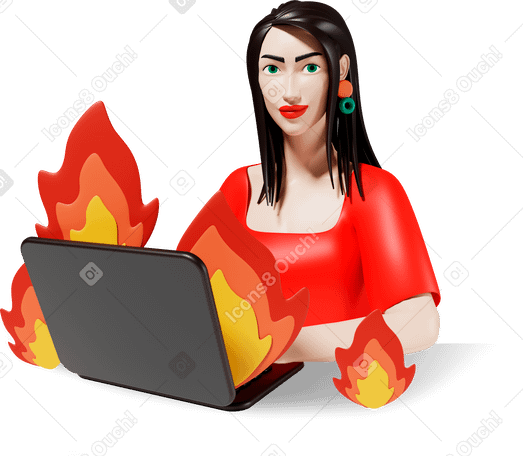 3D girl with laptop on fire Illustration in PNG, SVG