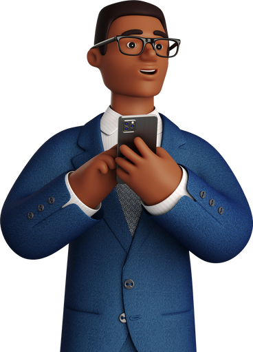 black businessman in blue suit with phone looking aside PNG, SVG