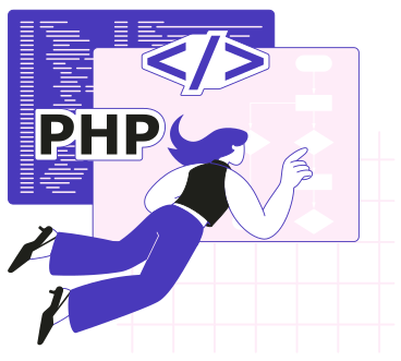 Woman floating in the air, working with flow chart and writing code PNG, SVG