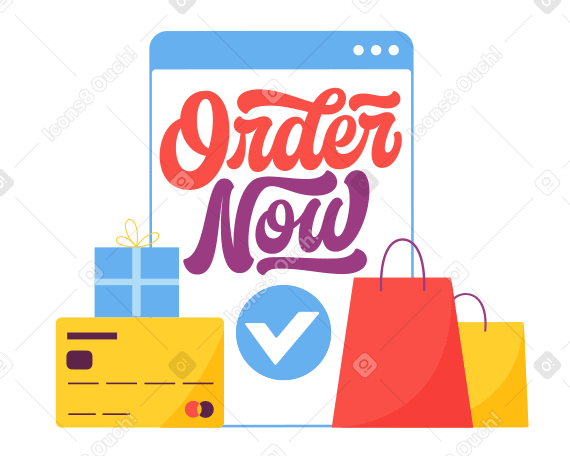 Lettering Order Now with browser and shopping bags  Illustration in PNG, SVG