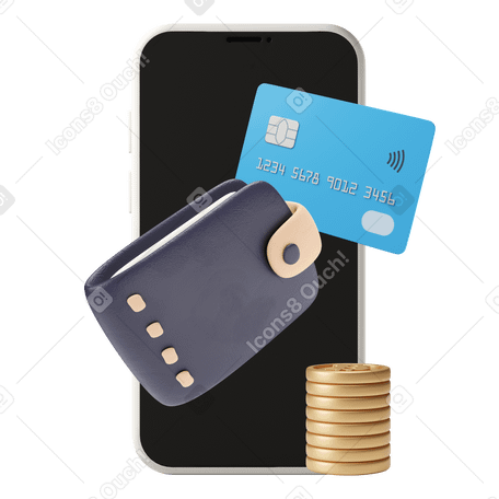 3D E-wallet in a phone with bank card, stack of coins and leather wallet Illustration in PNG, SVG