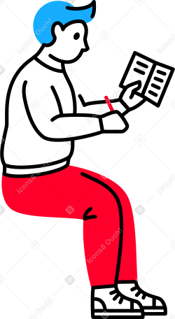 sitting man is holding a book and writing something PNG, SVG