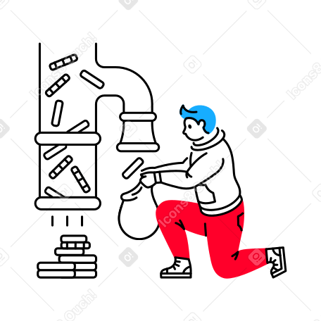 Man pulls the bag in hands to pipe with money flow  Illustration in PNG, SVG