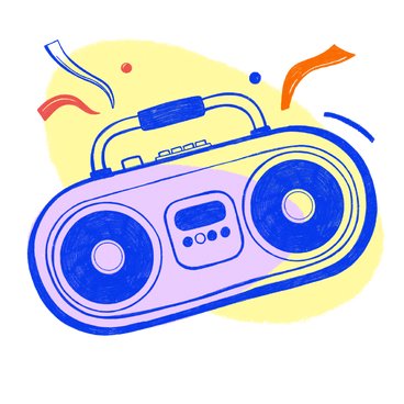 Blue tape recorder with music and confetti for the party PNG, SVG