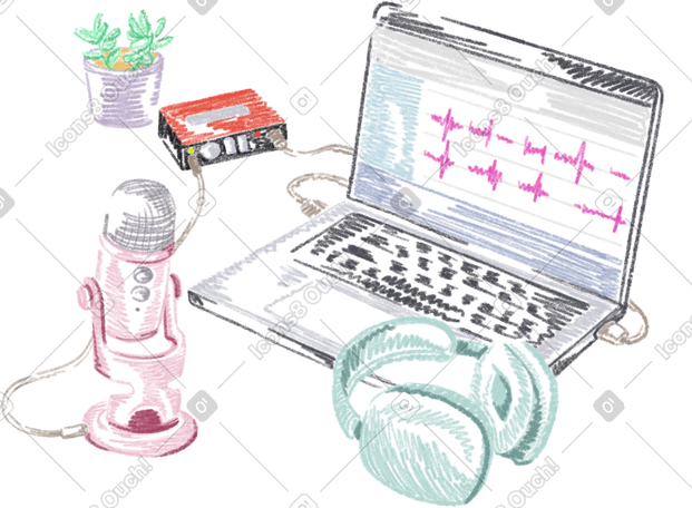 laptop with headphones and microphone for recording a podcast PNG, SVG