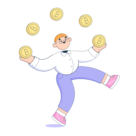 Happy man juggling with bitcoins Illustration in PNG, SVG