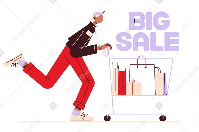 Надпись «большая распродажа» с человеком, который тянет тележку в PNG, SVG