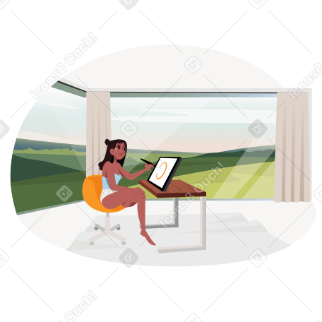 Girl designer illustrator working from home with a panoramic view of nature Illustration in PNG, SVG