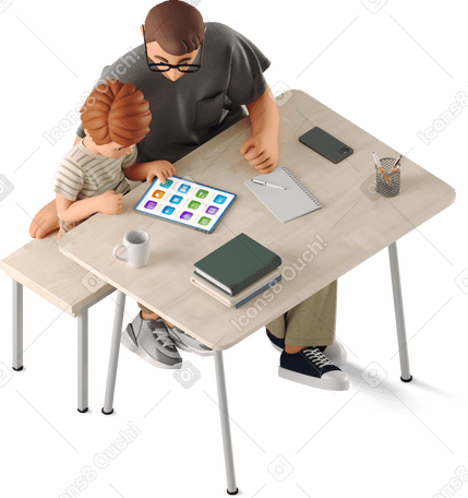 3D young man and boy sitting at a desk PNG、SVG