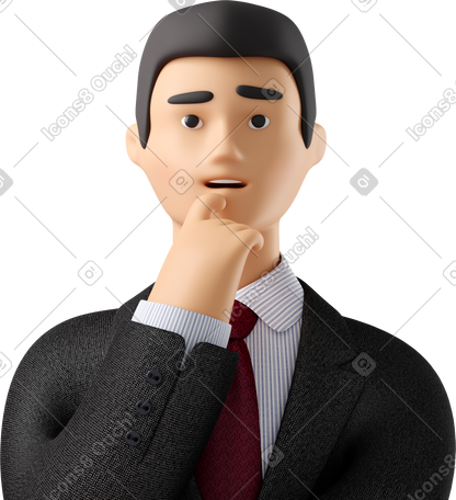 3D close up of pondering businessman in black suit PNG, SVG