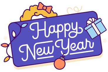 Illustration animée Lettrage bonne année ! avec couronne de noël et texte de cadeaux aux formats GIF, Lottie (JSON) et AE