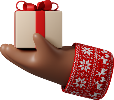Mano de piel marrón oscura en suéter rojo con patrón navideño sosteniendo caja de regalo PNG, SVG