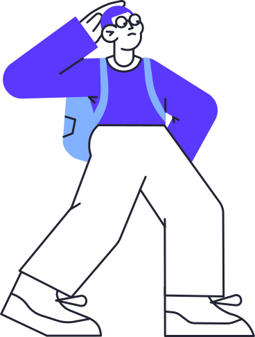man in blue sweater with backpack and hand on his head standing PNG, SVG
