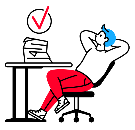 Person reclined and looking at the stack of documents and the check mark Illustration in PNG, SVG