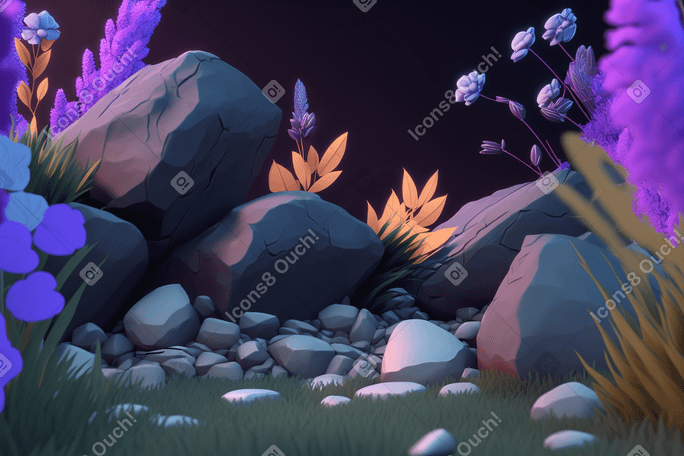 Night composition with plants and rocks background Illustration in PNG, SVG