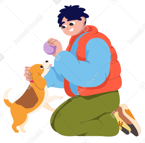 Young man kneeling and playing ball with a dog PNG, SVG