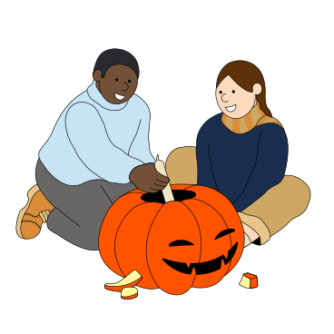 Man and woman carving a pumpkin on Halloween PNG, SVG