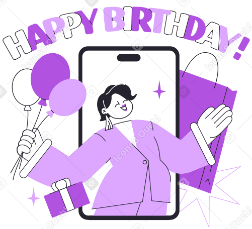 Lettering Happy Birthday with girl in phone and gifts text PNG, SVG