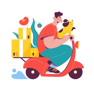 Man with dog delivering parcels on moped animated illustration in GIF, Lottie (JSON), AE