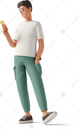 3D young man holding orange smartphone and tapping foot PNG, SVG