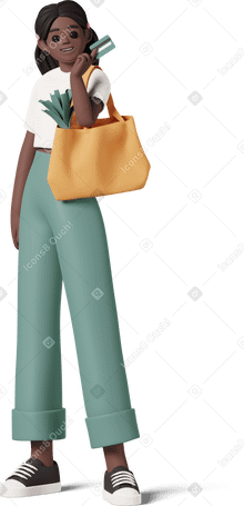 3D black girl with grocery bag holding credit card Illustration in PNG, SVG