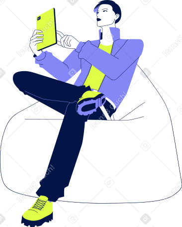 giovane seduto in un pouf con un gadget PNG, SVG