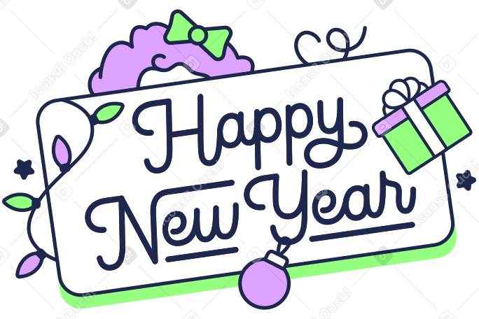 Lettering Happy New Year! with christmas wreath and gifts text animated illustration in GIF, Lottie (JSON), AE