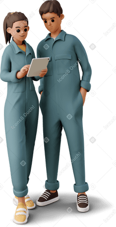 3D girl and boy in the worker jumpsuits looking at tablet PNG, SVG